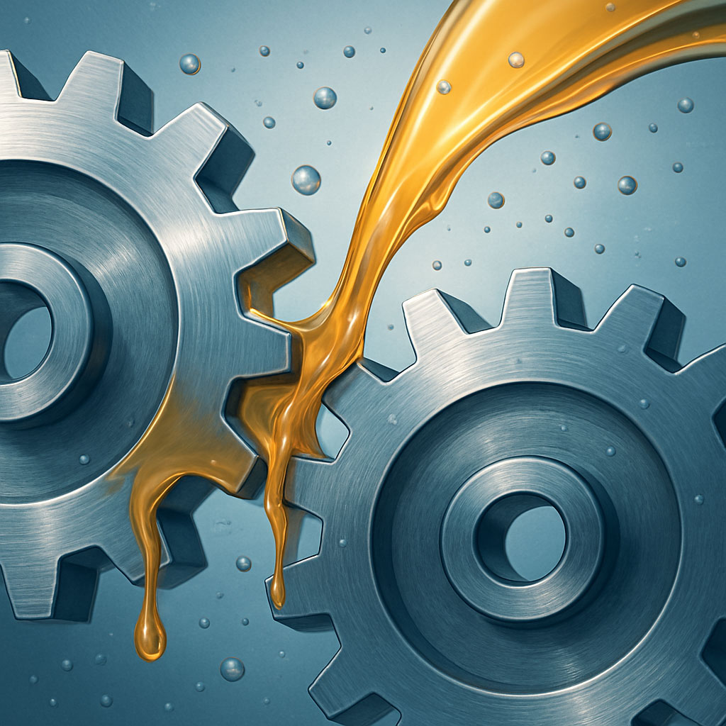 تصویری از روغن‌کاری چرخ‌دنده‌های صنعتی؛ نشان‌دهنده جریان روغن طلایی در میان دو چرخ‌دنده فلزی خاکستری رنگ برای کاهش اصطکاک و افزایش طول عمر قطعات.