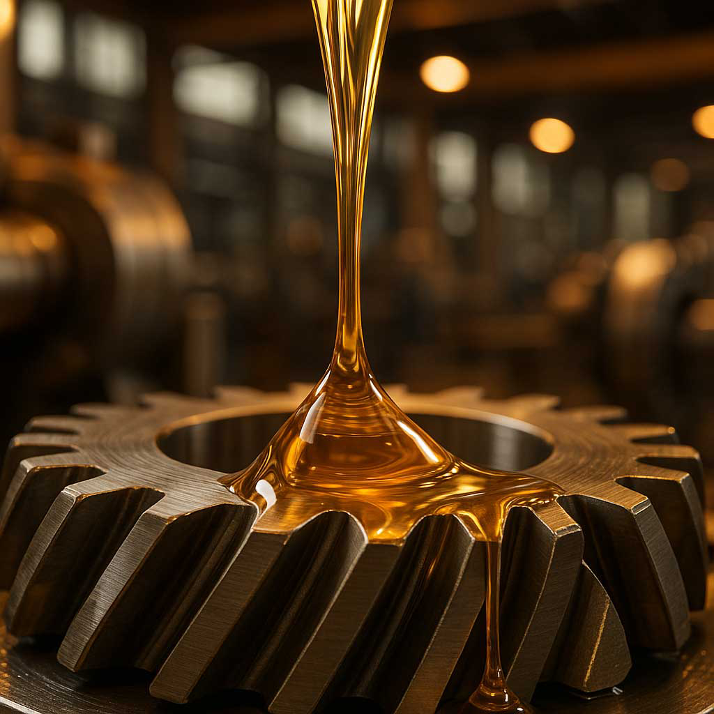 نمای نزدیک روغن صنعتی در حال چکه کردن بر روی چرخدنده، مرتبط با تخریب روغنهای صنعتی در محیطهای صنعتی