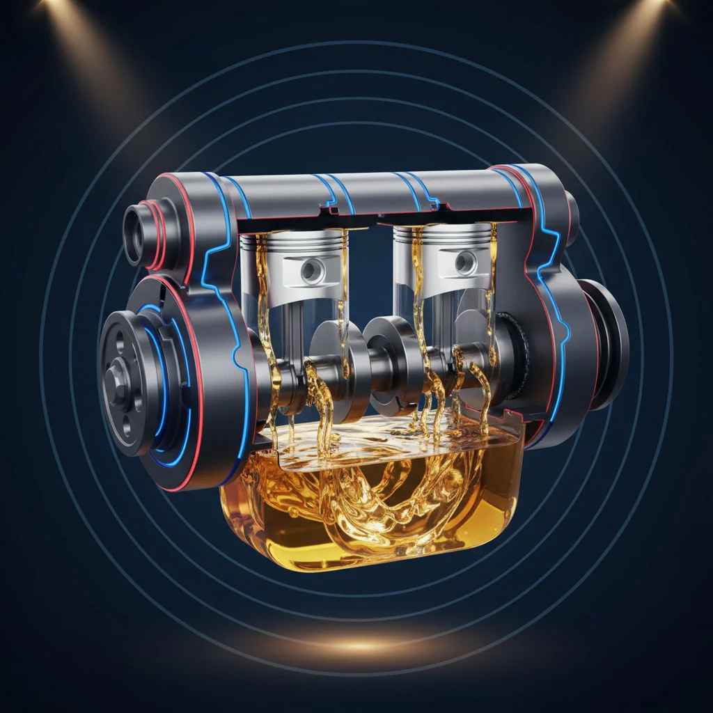 3D illustration of an internal combustion engine crankcase showing pistons, crankshaft, and circulating golden engine oil, representing lubrication process.