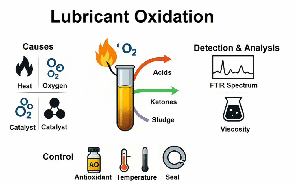 Infographic of the Lubricant Oxidation process, including causes, products, control methods, and FTIR and viscosity analysis.