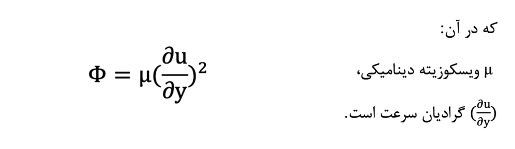 فرمول فیزیکی نرخ تولید گرما Φ برابر است با μ ضربدر مربع گرادیان سرعت ∂u/∂y