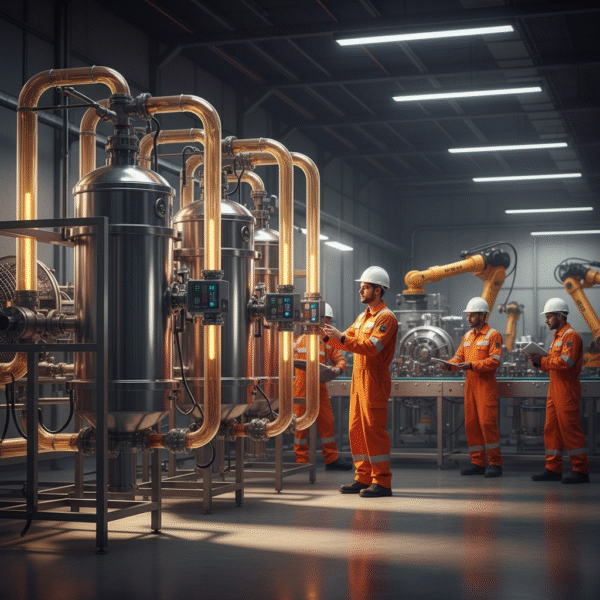 نمایی از خط تولید کارخانه با حضور اپراتورها و تجهیزات فلزی براق در حال کار، مربوط به فرآیند فیلتراسیون روغن در سیستم‌های صنعتی و فیلتر روغن‌های صنعتی