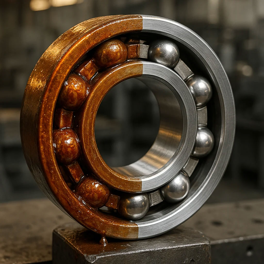 یاتاقان صنعتی با رسوب وارنیش و مقایسه بخش تمیز و بخش آغشته به وارنیش