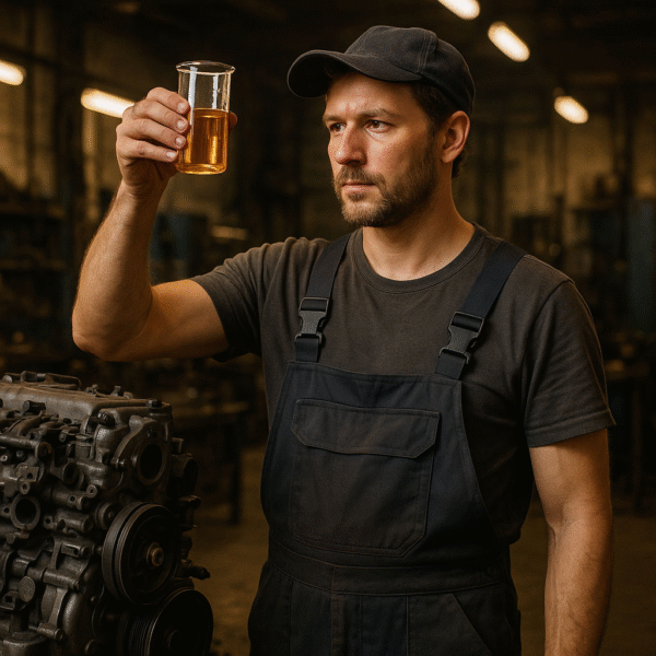 مکانیک با لباس کار در کارگاه صنعتی در حال بررسی نمونه روغن موتور رقیق شده در بشر، در کنار موتور خودرو