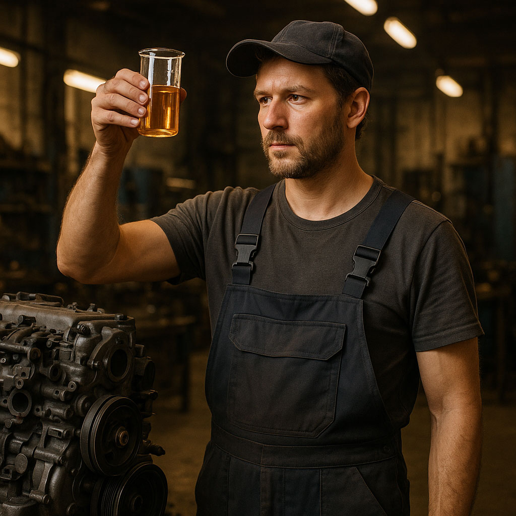 مکانیک با لباس کار در کارگاه صنعتی در حال بررسی نمونه روغن موتور رقیق شده در بشر، در کنار موتور خودرو