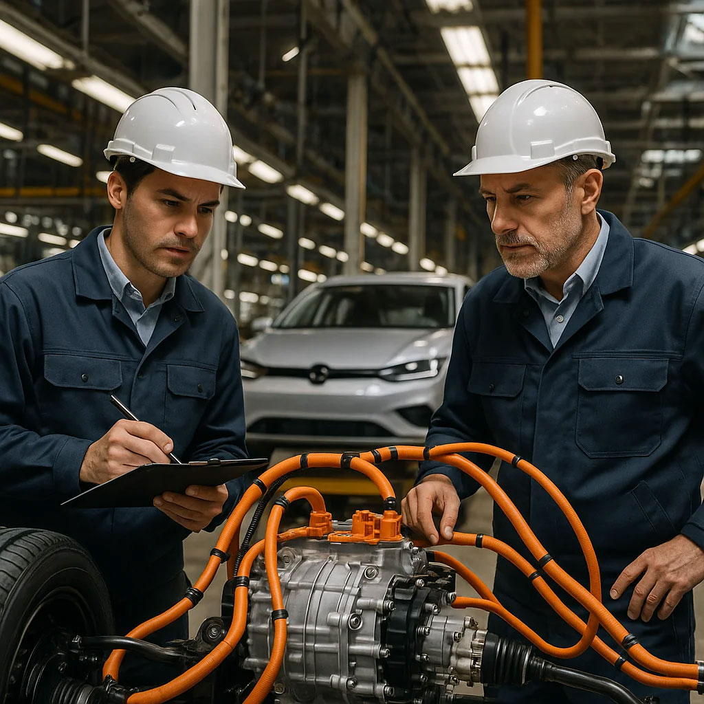 بازرسان کیفیت در خط تولید در حال بررسی روانکار سیستم انتقال قدرت خودرو برقی