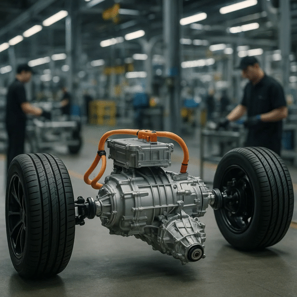 روانکار سیستم انتقال قدرت خودرو برقی در خط تولید با حضور کارگران و تجهیزات صنعتی پیشرفته